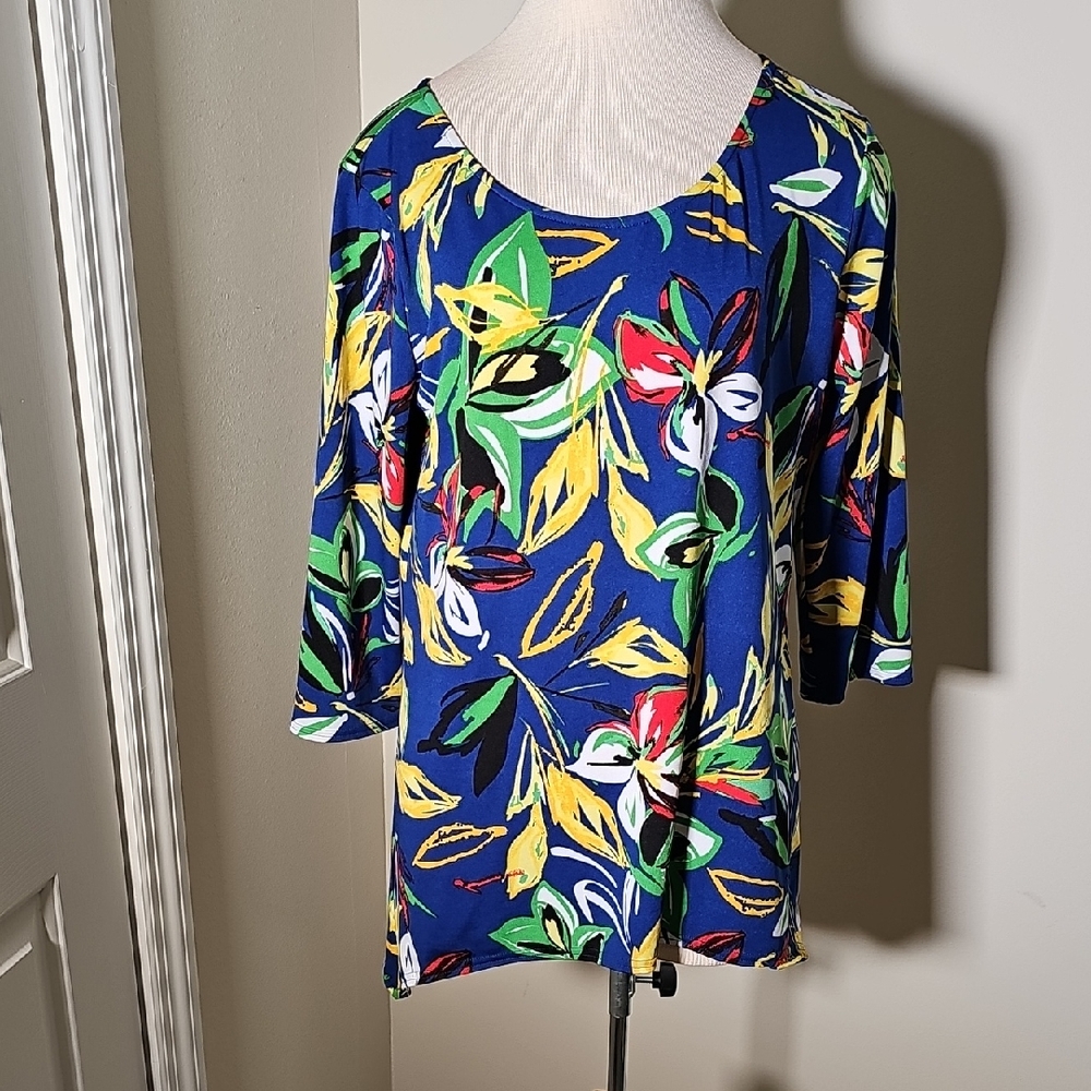Peck & Peck Vibrant Floral Blouse -‎ Blue, Green, Yellow. Pop Over. Size Large